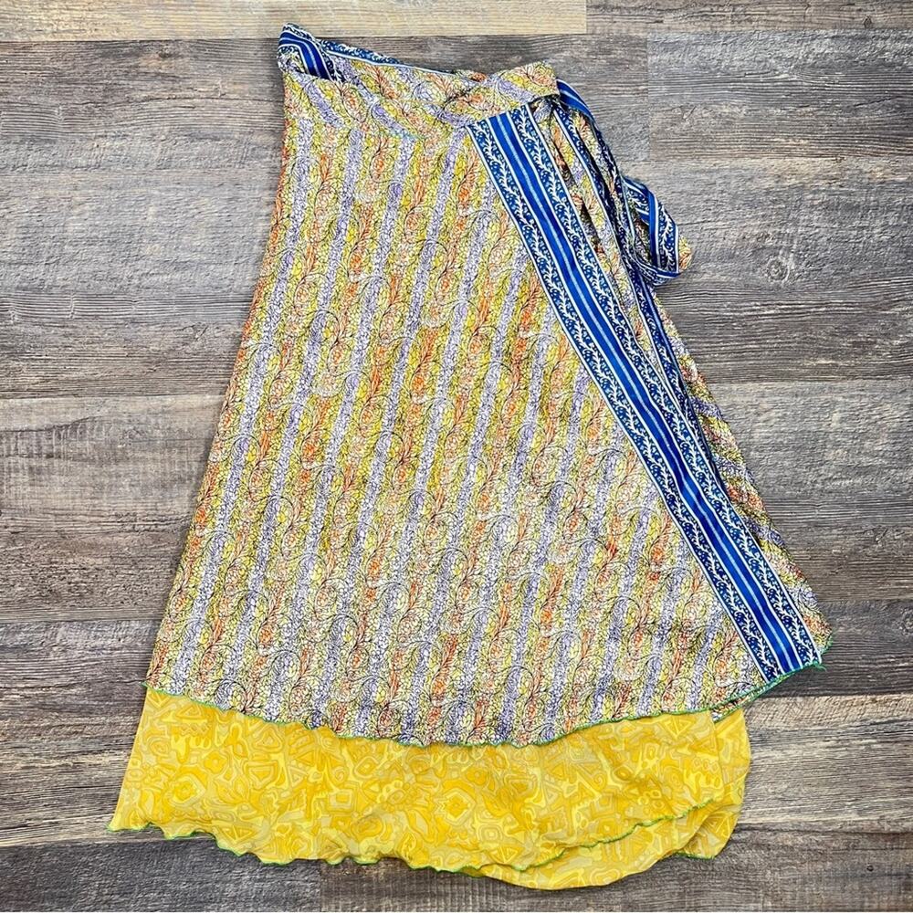 Darn Good Yarn yellow and blue floral wrap style maxi skirt B129